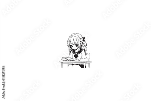 a gril read on the table silhouette with a simple, understated design set against a white background