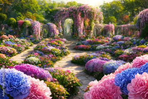 Paradise garden full of flowers, beautiful idyllic background with many flowers in Eden.
