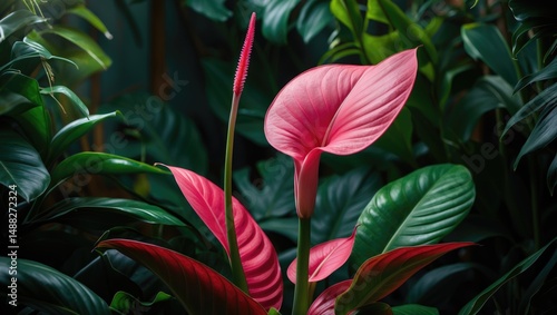 Blooming red anthurium flowers photo