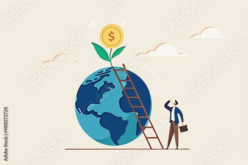 Global investment opportunity, world stock mutual funds, international or worldwide company profit growth concept, businessman about to climb up ladder on globe to reach money plant.