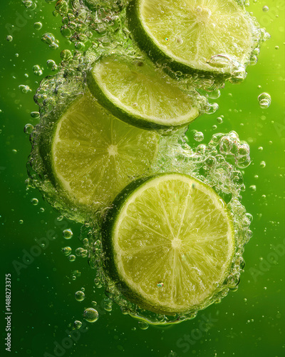 Lime slices submerged in fizzy water with rising bubbles, creating refreshing and vibrant green splash effect in high resolution close up image