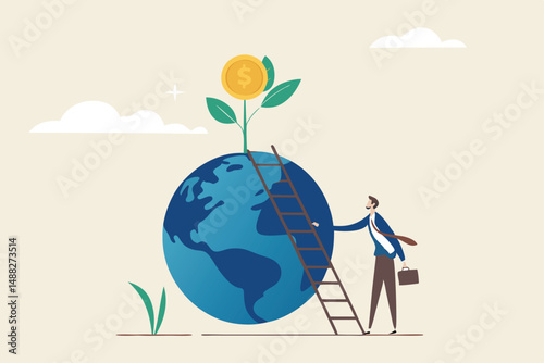 Global investment opportunity, world stock mutual funds, international or worldwide company profit growth concept, businessman about to climb up ladder on globe to reach money plant.