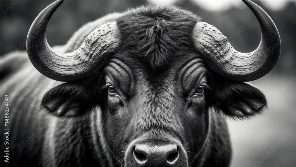 Naklejka premium Detailed black and white portrait of a buffalo's head and horns