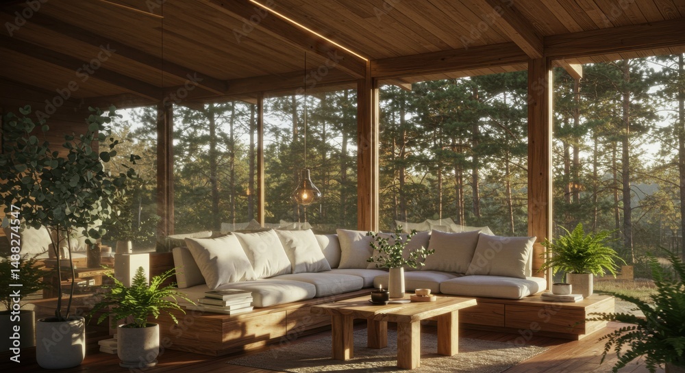 Fototapeta premium Mirrored Eco-Cabin Interior: Wooden Platform Detail