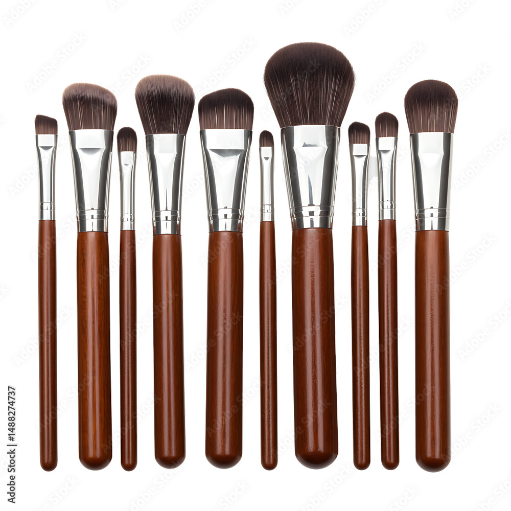 Fototapeta premium Professional Makeup Brush Set 12 Piece Brown Wooden Handle Cosmetic Brushes for Flawless Application