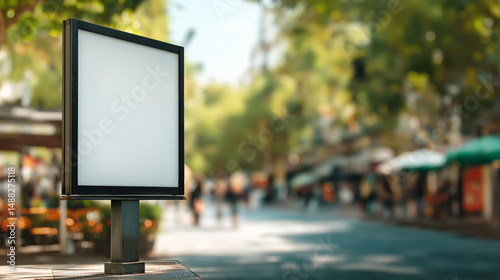 Fototapeta Naklejka Na Ścianę i Meble -  A small billboard screen on a street node. Advertisement near a busy street of coffee shops. Blurred background.