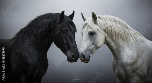 Fotografie Confrontation: Black Stallion and White Mare