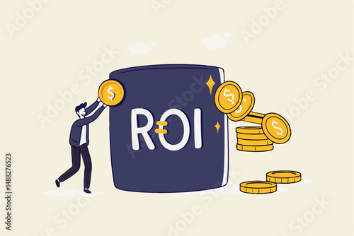 ROI, return on investment performance measure from cost invested and profit efficiency, marketing cost to get campaign success concept, businessman invest money coin in ROI box to get return profit.