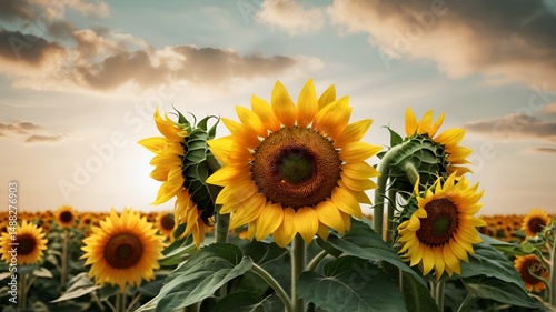 Beautiful sunflower in warm sunset golden light in summer meadow. Calm tranquil moment in countryside. Sunflower growing in evening field. Atmospheric summer.