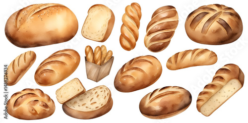 Watercolor Bakery clipart Illustration Set. A delightful collection of hand-painted baked. Handmade  Bread in Food Clipart of various freshly baked bread products including loaves buns and rolls.