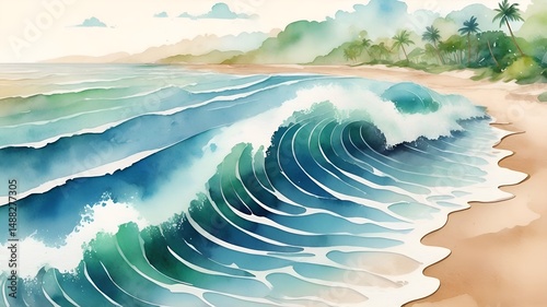 Watercolor illustration of sand beach and sea. Artistic natural painting abstract background. Ocean Waves Watercolor Painting illustration painting background. Blue Ocean Waves.