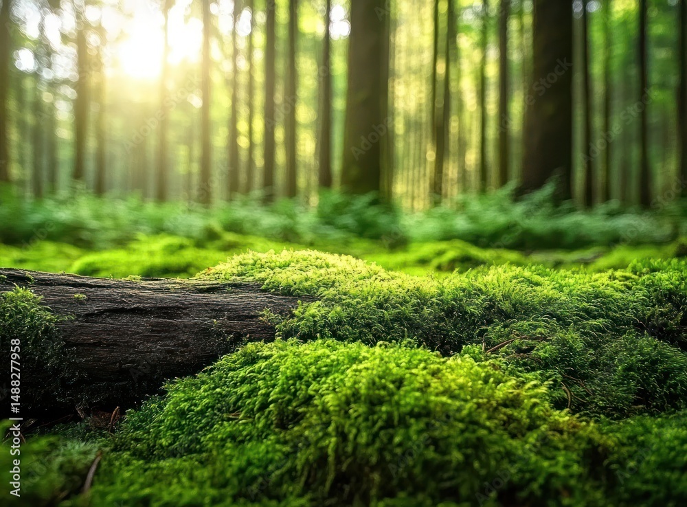 Fototapeta premium Lush green moss covering a fallen log in a sun-dappled forest.