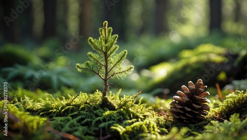 A young sapling develops in the soil. Small conifer tree. Young sapling and fir cone in a natural setting with moss.
