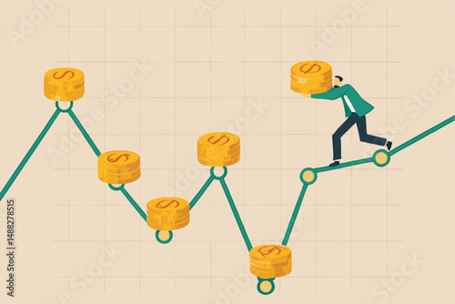 DCA, Dollar Cost Averaging investment strategy to put same amount of money every month to earn more wealth and profit concept, smart businessman investor holding coins stack put on every month period.