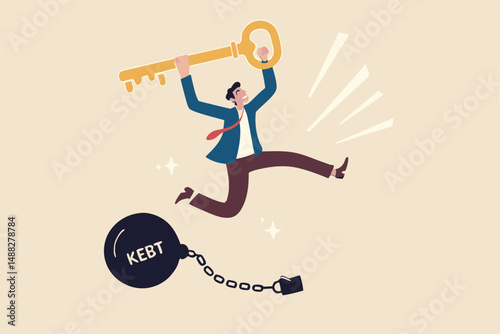 Debt free or freedom for pay off debts, loan or mortgage, solution to solve financial problem, savings or investment to break free, happy businessman holding golden key after unlock debt burden chain.