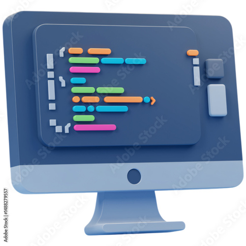 Stylized computer screen displaying colorful code isolated on a transparent background