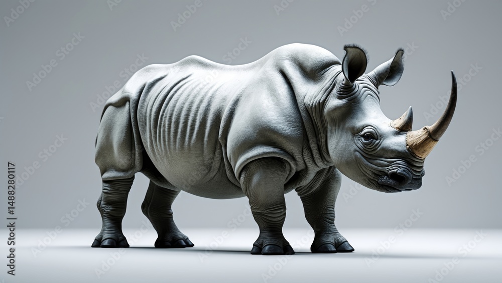 Fototapeta premium Little Rhino: The Northern White Rhinoceros Set Against a White Backdrop