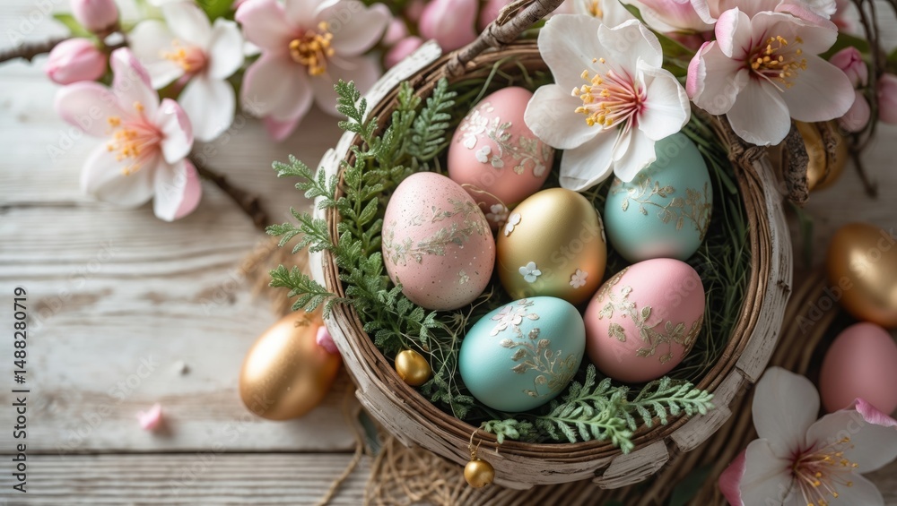 Obraz premium Easter backdrop from above featuring painted eggs and a beautiful flower in a wooden basket with rustic texture and decorative elements.