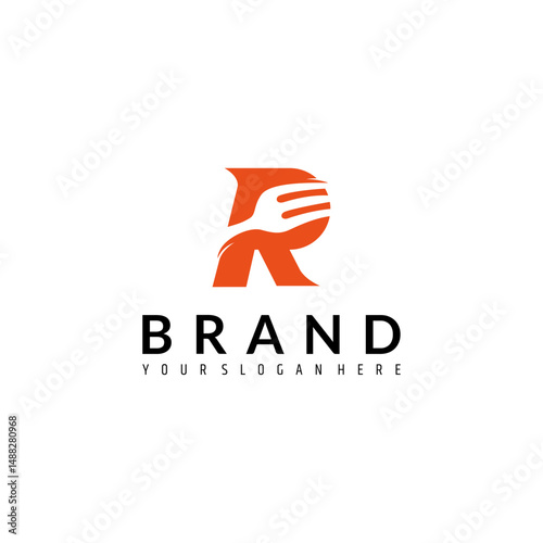 R letter logo with fork for restaurant design, dining place in flat vector style