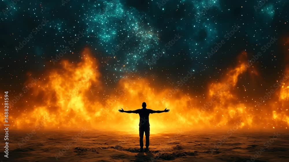 A lone figure stands beneath a sky of collapsing stars in a barren desert