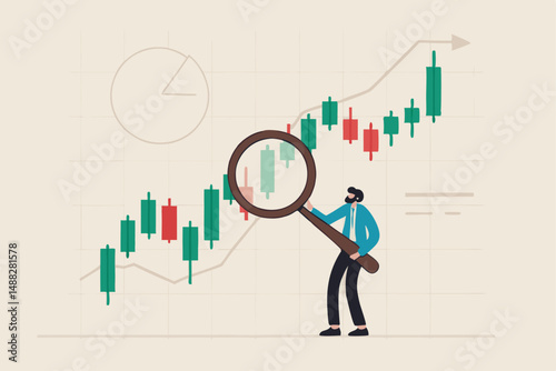 Stock market graph analysis, crypto trader trend line or finding buy and sell indicator, investment, forex trade or make profit concept, businessman investor holding magnifier analyze investment graph