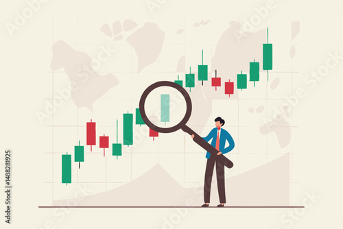 Stock market graph analysis, crypto trader trend line or finding buy and sell indicator, investment, forex trade or make profit concept, businessman investor holding magnifier analyze investment graph