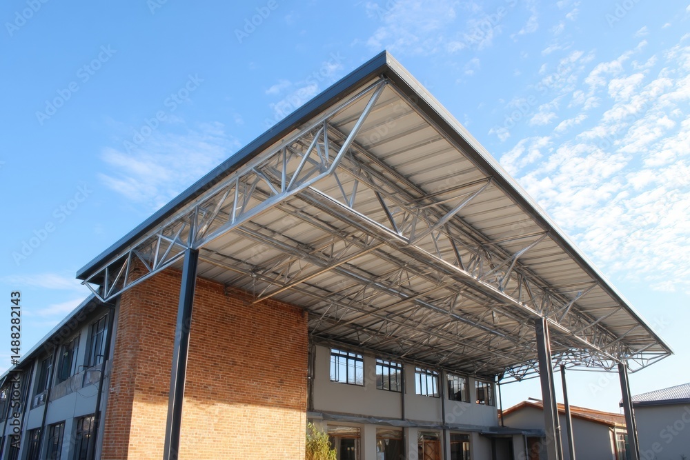 Obraz premium sustainable building materials,Large open industrial structure with a metal roof and clear sky, flanked by buildings on both sides.