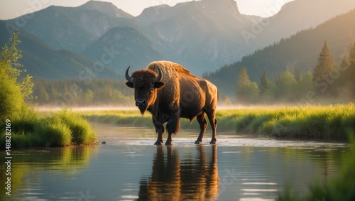 Fototapeta Naklejka Na Ścianę i Meble -  Wisent in the river within mountain ranges.