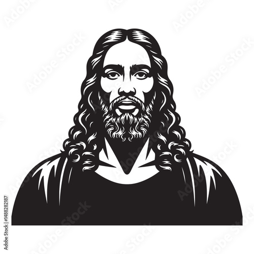 Black Jesus Christ with flowing hair and beard, Vector black silhouette. with white background