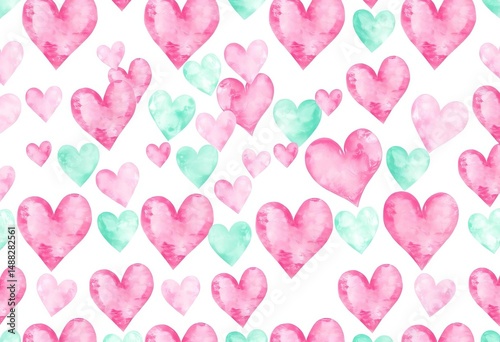 Seamless watercolor light pink & mint green heart pattern , invitation, texture