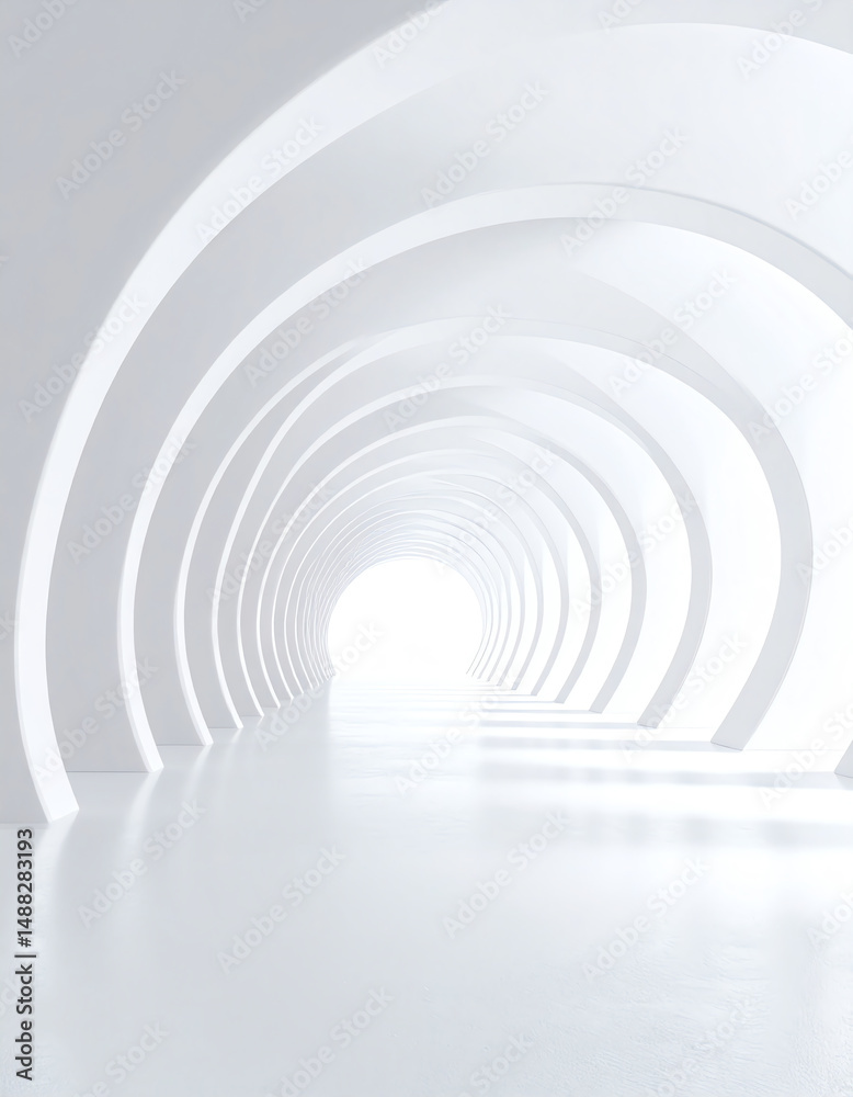 Fototapeta premium A minimalist white tunnel with smooth arches, leading toward a bright light at the end, creating a serene and futuristic atmosphere