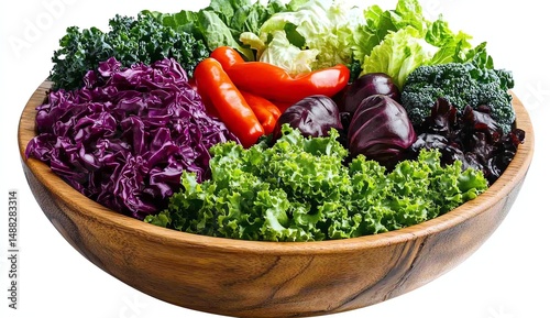 Fresh mixed greens and peppers in a wooden bowl. photo