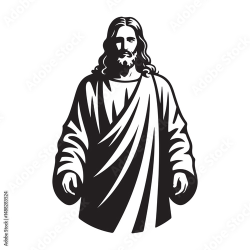 Black Jesus Christ with flowing hair and beard, Vector black silhouette. with white background