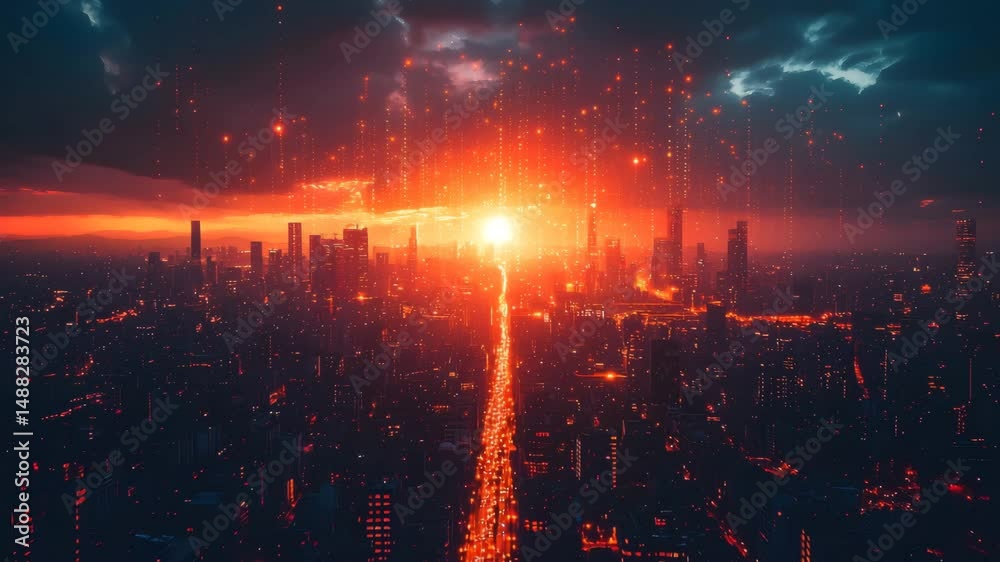 A futuristic city skyline illuminated by glowing data streams  long title A vibrant cityscape with digital data streams glowing in the
