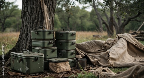 Abandoned mess kit stacked beside a tree with torn canvas nearby