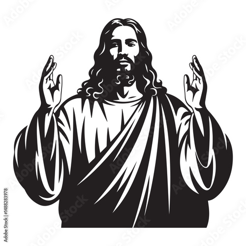 Black Jesus Christ with flowing hair and beard, Vector black silhouette. with white background