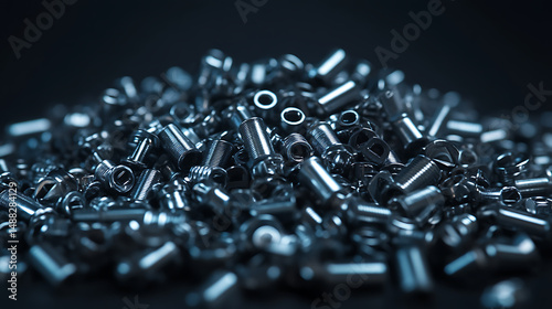 A collection of bolts, nuts, nails, and various metal fasteners, categorized as consumable hardware tools, featuring an assortment of steel screws in a detailed close-up background