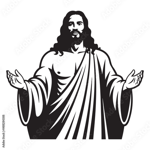 Black Jesus Christ with flowing hair and beard, Vector black silhouette. with white background