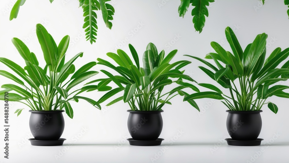 Fototapeta premium Side profile of a healthy green banana plant in a black pot with many leaves, isolated on white background for plant decoration concept.