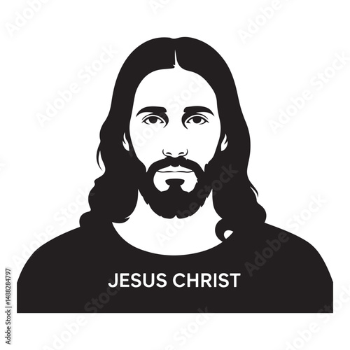 Black Jesus Christ with flowing hair and beard, Vector black silhouette. with white background