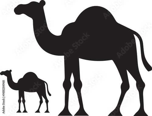 camel, silhouette, desert landscape, minimalist, black and white, clean lines, simple design, digital art