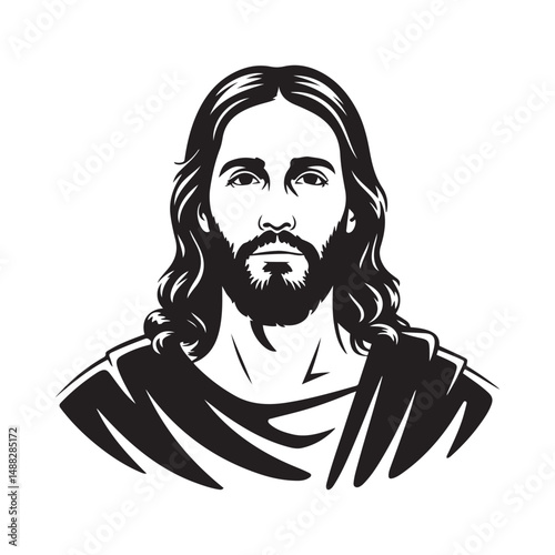 Black Jesus Christ with flowing hair and beard, Vector black silhouette. with white background