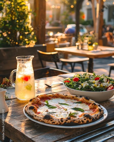 Table with a pizza and a salad