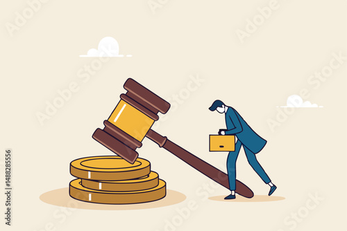 Penalty fine to pay for prohibited legal, charge and expense punishment notice, traffic charge bill concept, sad man holding fine notice with law gavel on top of money coins stack