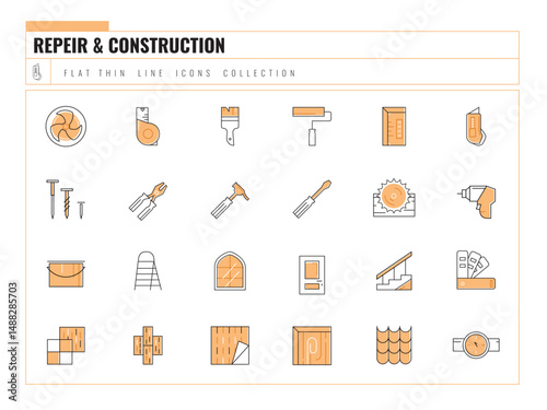 Repair icons set. Line signs of interior design, accessories and supplies. Simple vector icon collection. 