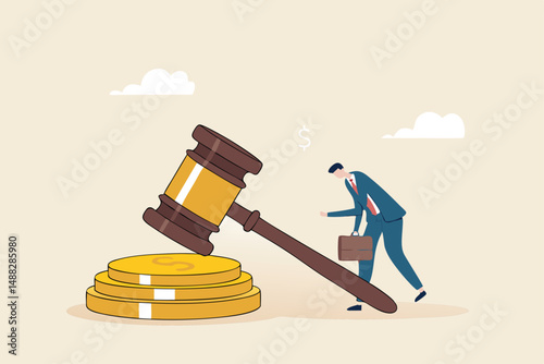 Penalty fine to pay for prohibited legal, charge and expense punishment notice, traffic charge bill concept, sad man holding fine notice with law gavel on top of money coins stack
