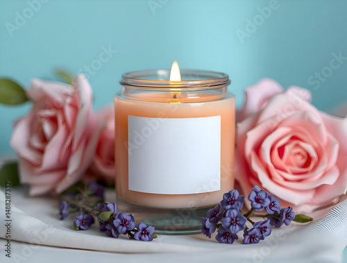 A Soft Peach colored candle mockup with blank label, teal background, customizable label, product mockup.