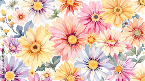 Dreamy watercolor bloom pattern on soft white background