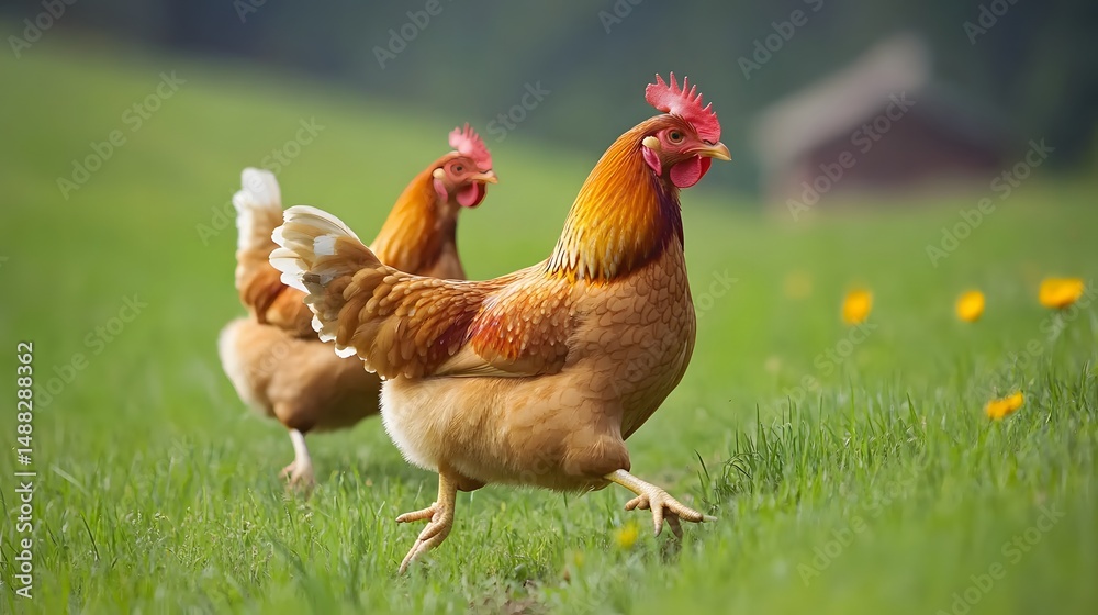 Fototapeta premium Chickens roaming freely in a farm field