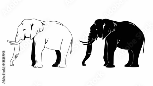 Illustration of two elephants one in outline and the other in solid black standing side by side on white background editable vector eps/eps